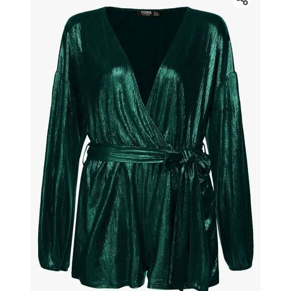 YOINS EMERALD METALLIC ROMPER - Picture 1 of 9